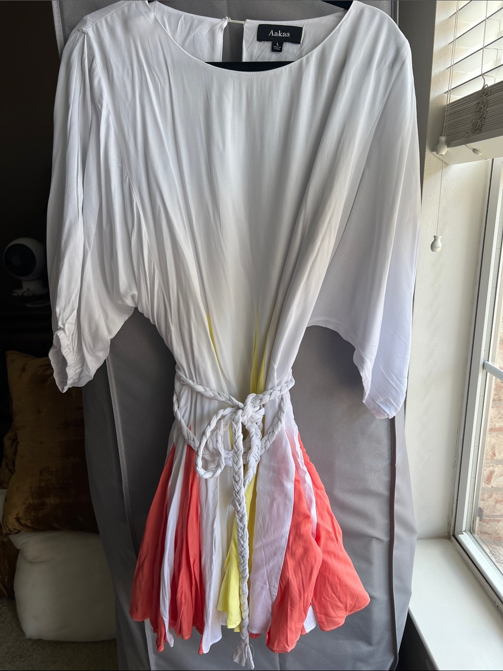 Aakasa White Dress with Coral & Yellow Dip Dye